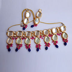 Enamel Blue, Pink and Majenta color Necklace in Metal Alloy studded with Kundan
