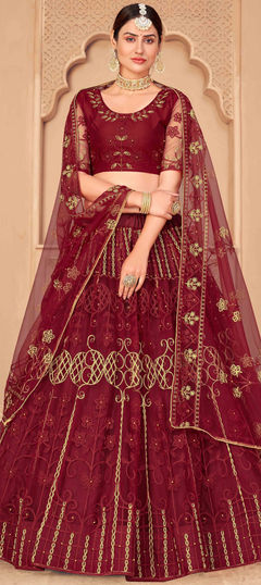 Red and Maroon color Lehenga in Net fabric with Embroidered, Kundan work