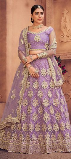 Purple and Violet color Lehenga in Net fabric with Embroidered, Stone work