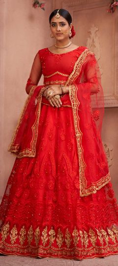 Red and Maroon color Lehenga in Net fabric with Embroidered, Stone work