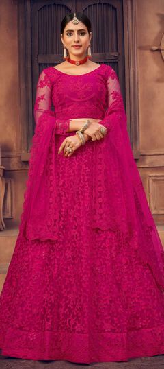 Pink and Majenta color Lehenga in Net fabric with Embroidered, Stone work