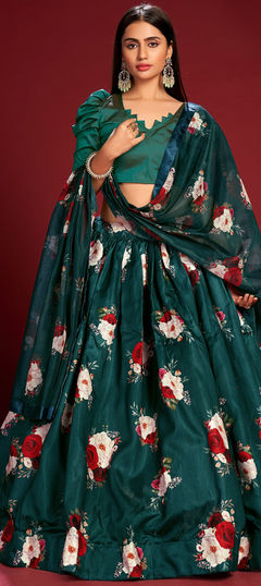 Green color Lehenga in Bangalore Silk fabric with Floral work