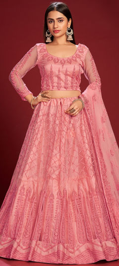 Pink and Majenta color Lehenga in Net fabric with Embroidered, Stone work
