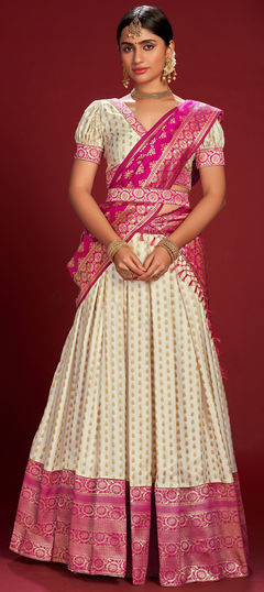 White and Off White color Lehenga in Jacquard fabric with Weaving work