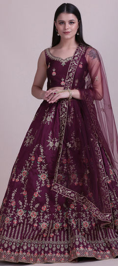 Reception, Wedding Pink and Majenta color Lehenga in Taffeta Silk fabric with Embroidered, Zari work : 1829229