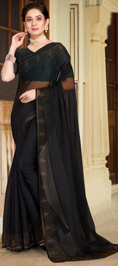 Casual Black and Grey color Saree in Chiffon fabric with Classic Fancy Work work : 1829241