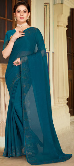 Blue color Saree in Chiffon fabric with Fancy Work work