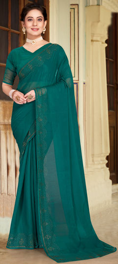 Green color Saree in Chiffon fabric with Fancy Work work