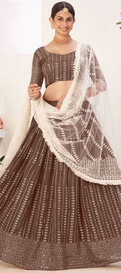 Beige and Brown color Lehenga in Georgette fabric with Sequence, Thread work