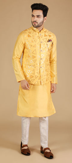 Yellow color Kurta Pyjama with Jacket in Art Silk fabric with Broches, Embroidered, Sequence work