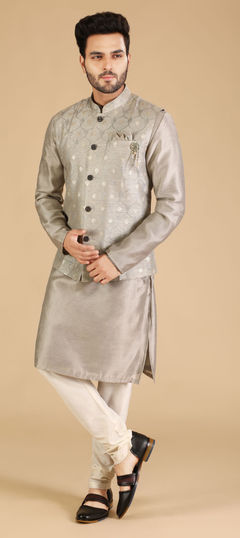 Black and Grey color Kurta Pyjama with Jacket in Art Silk fabric with Broches, Thread work