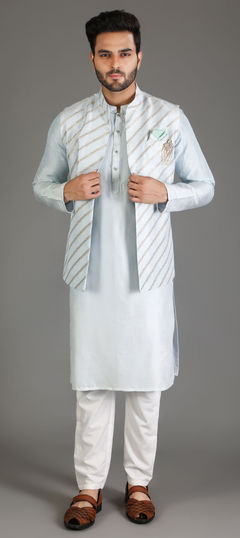 Blue color Kurta Pyjama with Jacket in Art Silk fabric with Broches, Sequence, Thread work