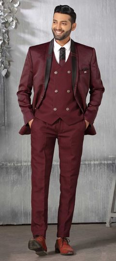 Red and Maroon color 2 Piece Suit (with shirt) in Silk fabric with Broches work