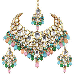 Multicolor color Necklace in Metal Alloy studded with Beads, Kundan & Gold Rodium Polish : 1829615