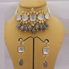 Gold Rodium Polish Black and Grey color Necklace in Metal Alloy studded with Beads, Kundan