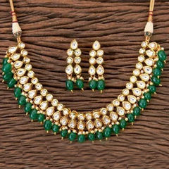 Gold Rodium Polish Green color Necklace in Metal Alloy studded with Beads, Kundan