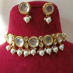 Gold Rodium Polish White and Off White color Necklace in Metal Alloy studded with Beads, Kundan