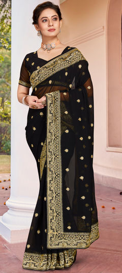 Black and Grey color Saree in Georgette fabric with Embroidered, Stone, Thread, Zari work