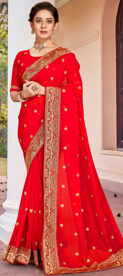 Red and Maroon color Saree in Georgette fabric with Embroidered, Stone, Thread, Zari work