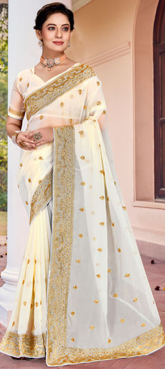 White and Off White color Saree in Georgette fabric with Embroidered, Stone, Thread, Zari work