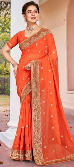 Orange color Saree in Georgette fabric with Embroidered, Stone, Thread, Zari work