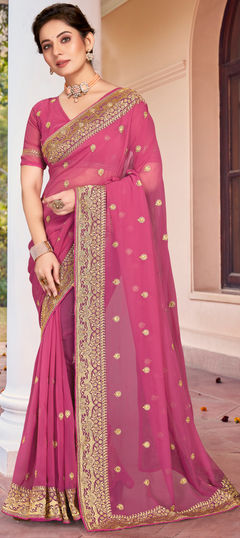 Pink and Majenta color Saree in Georgette fabric with Embroidered, Stone, Thread, Zari work