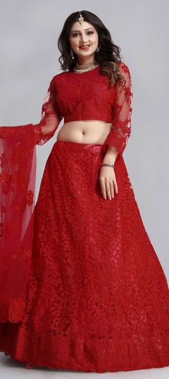 Red and Maroon color Lehenga in Net fabric with Embroidered, Stone work