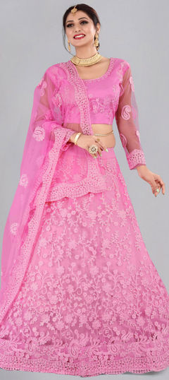 Pink and Majenta color Lehenga in Net fabric with Embroidered work