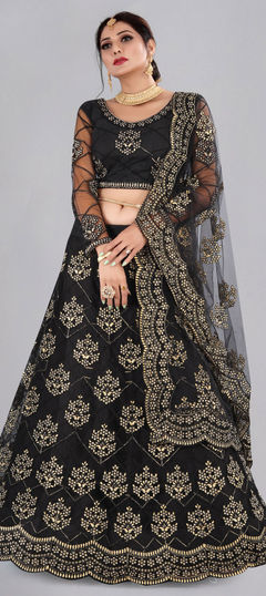 Black and Grey color Lehenga in Net fabric with Embroidered work