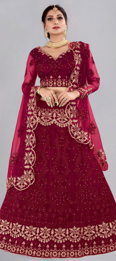 Red and Maroon color Lehenga in Net fabric with Embroidered work