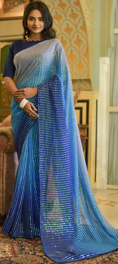 Blue color Saree in Georgette fabric with Embroidered, Sequence, Thread work