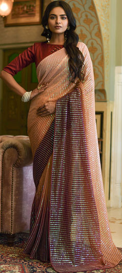 Beige and Brown color Saree in Georgette fabric with Embroidered, Sequence, Thread work