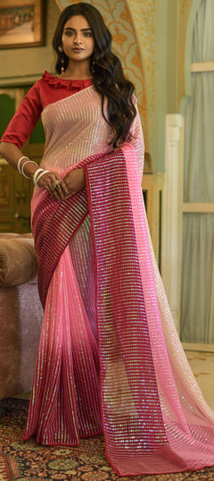 Pink and Majenta color Saree in Georgette fabric with Embroidered, Sequence, Thread work