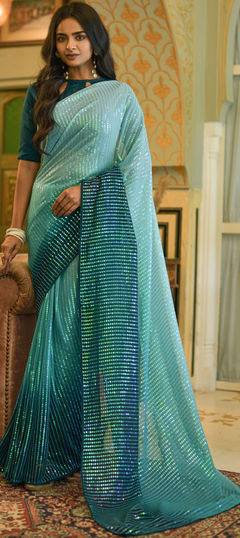 Blue color Saree in Georgette fabric with Embroidered, Sequence, Thread work