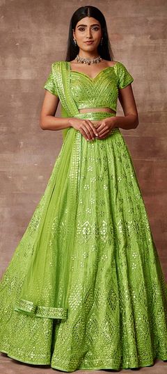 Green color Lehenga in Organza Silk fabric with Embroidered, Mirror work