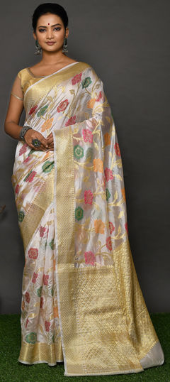 White and Off White color Saree in Banarasi Silk, Silk fabric with Weaving work