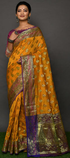 Yellow color Saree in Banarasi Silk, Silk fabric with Weaving work