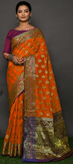 Orange color Saree in Banarasi Silk, Silk fabric with Weaving work