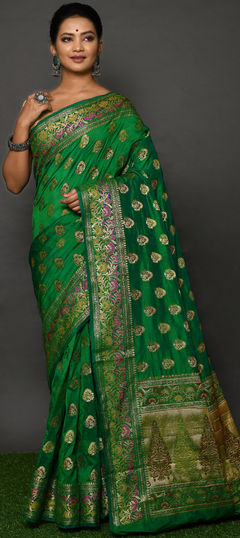 Green color Saree in Banarasi Silk, Silk fabric with Weaving work