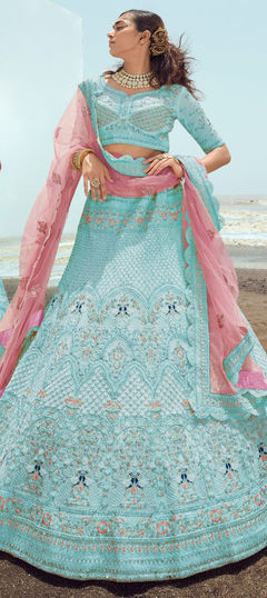 Blue color Lehenga in Georgette fabric with Embroidered, Resham, Stone, Thread, Zari, Zircon work