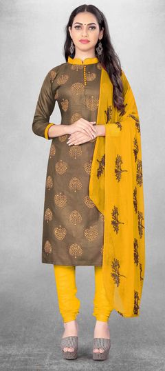 Beige and Brown color Salwar Kameez in Cotton fabric with Printed work