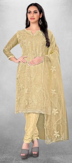 Beige and Brown color Salwar Kameez in Organza Silk fabric with Embroidered, Thread work