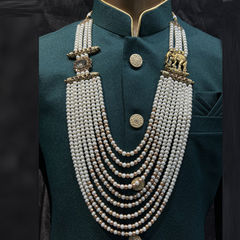 Enamel White and Off White color Groom Necklace in Metal Alloy studded with Pearl