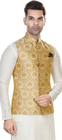 Beige and Brown color Nehru Jacket in Jacquard fabric with Weaving work