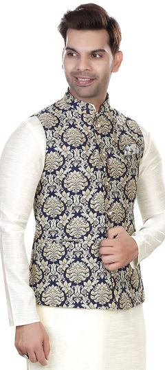 Blue color Nehru Jacket in Jacquard fabric with Weaving work