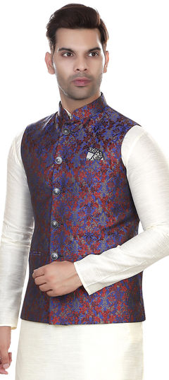 Blue color Nehru Jacket in Jacquard fabric with Weaving work