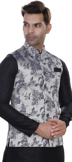 Silver color Nehru Jacket in Jacquard fabric with Weaving work