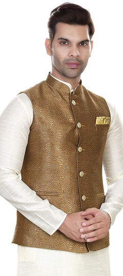 Beige and Brown color Nehru Jacket in Jacquard fabric with Weaving work