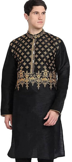 Black and Grey color Kurta in Art Silk fabric with Embroidered work