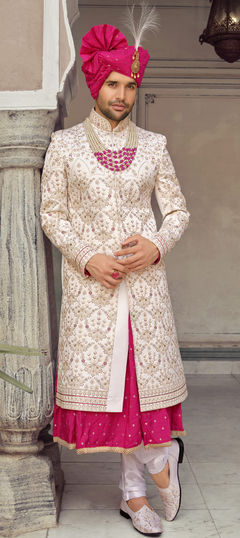 Pink and Majenta, White and Off White color Sherwani in Art Silk fabric with Embroidered, Stone, Thread work